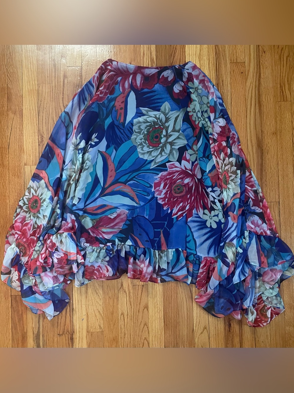 CQ by CQ Floral Chiffon Ruffle Bell Long Sleeve Poncho Blouse Women’s Size OS